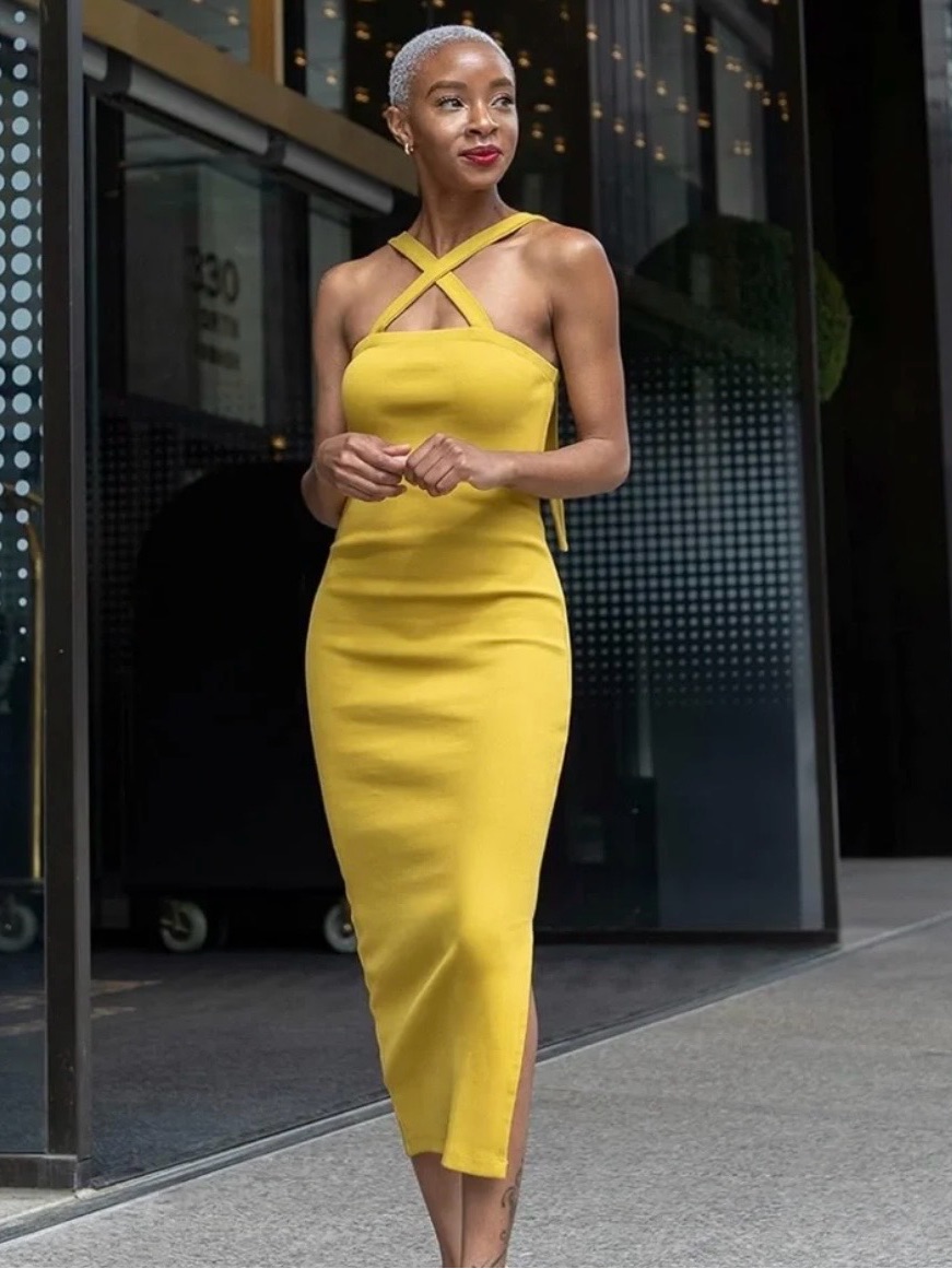 Mustard Yellow Cross-Strap Midi Dress - Elegant Women's Evening Dress